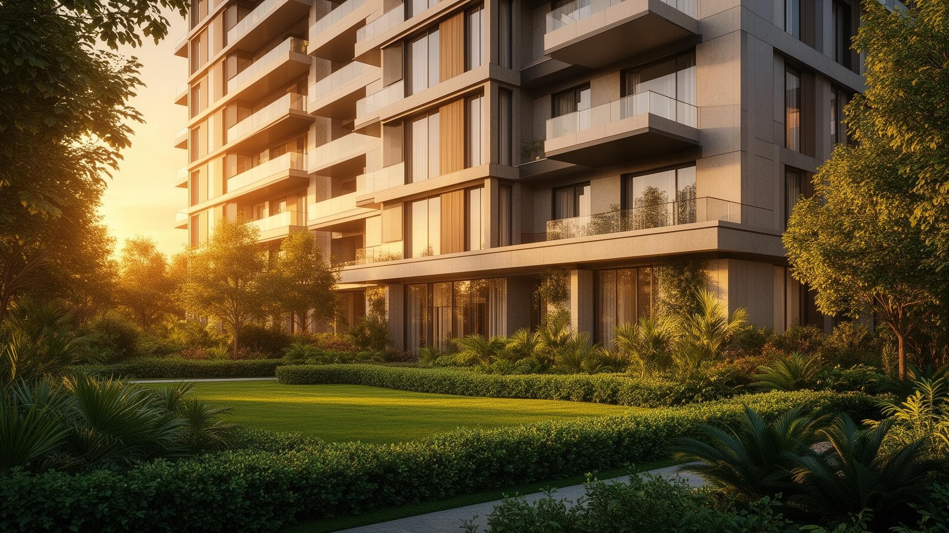 Modern residential property at sunset